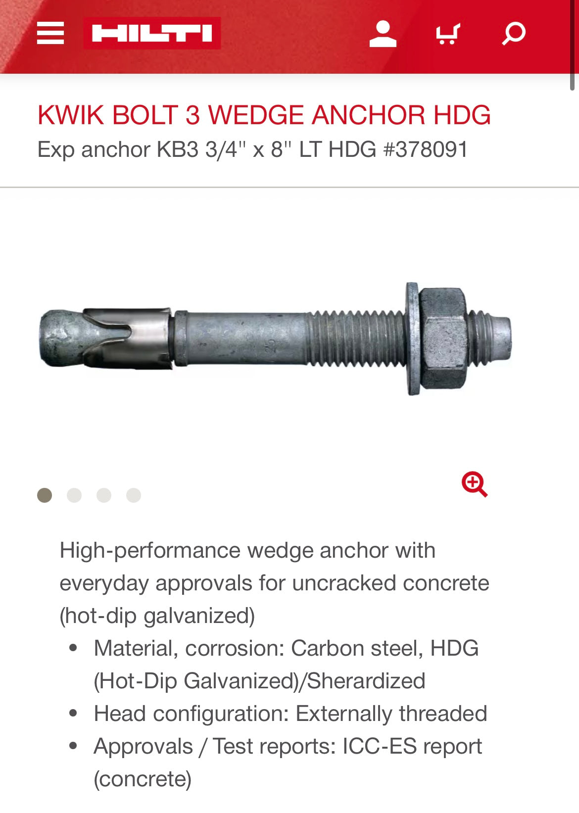 Hilti Kwik-Bolt (3/4” x 8-1/2”)