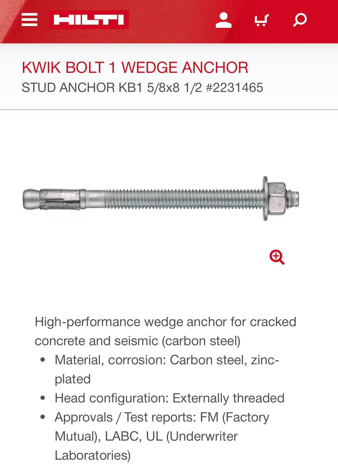 Hilti Kwik-Bolt (5/8 ” x 8-1/2”, 3 pieces only)