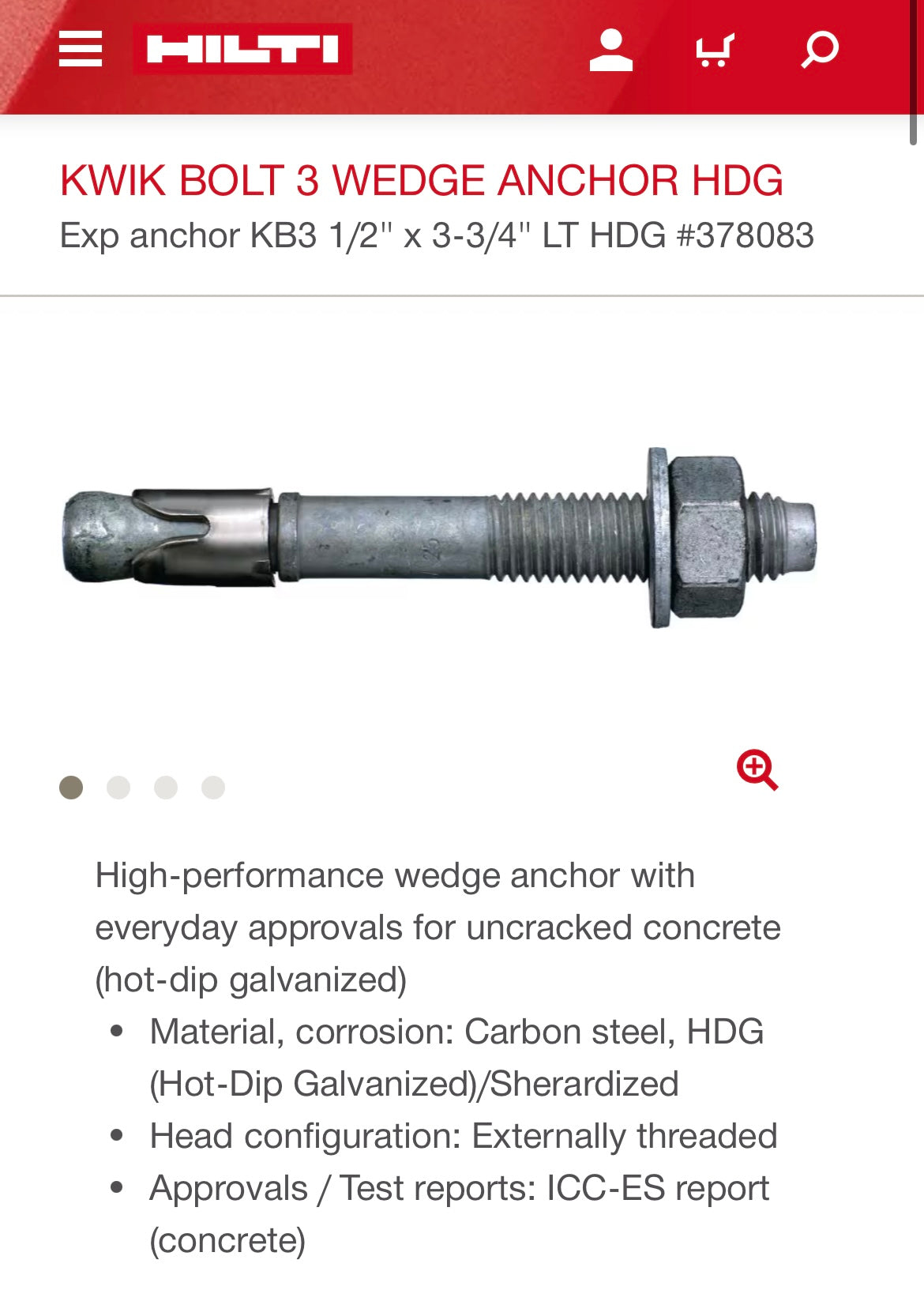Hilti Kwik-Bolt (1/2” x 3-3/4”, 50-piece set)