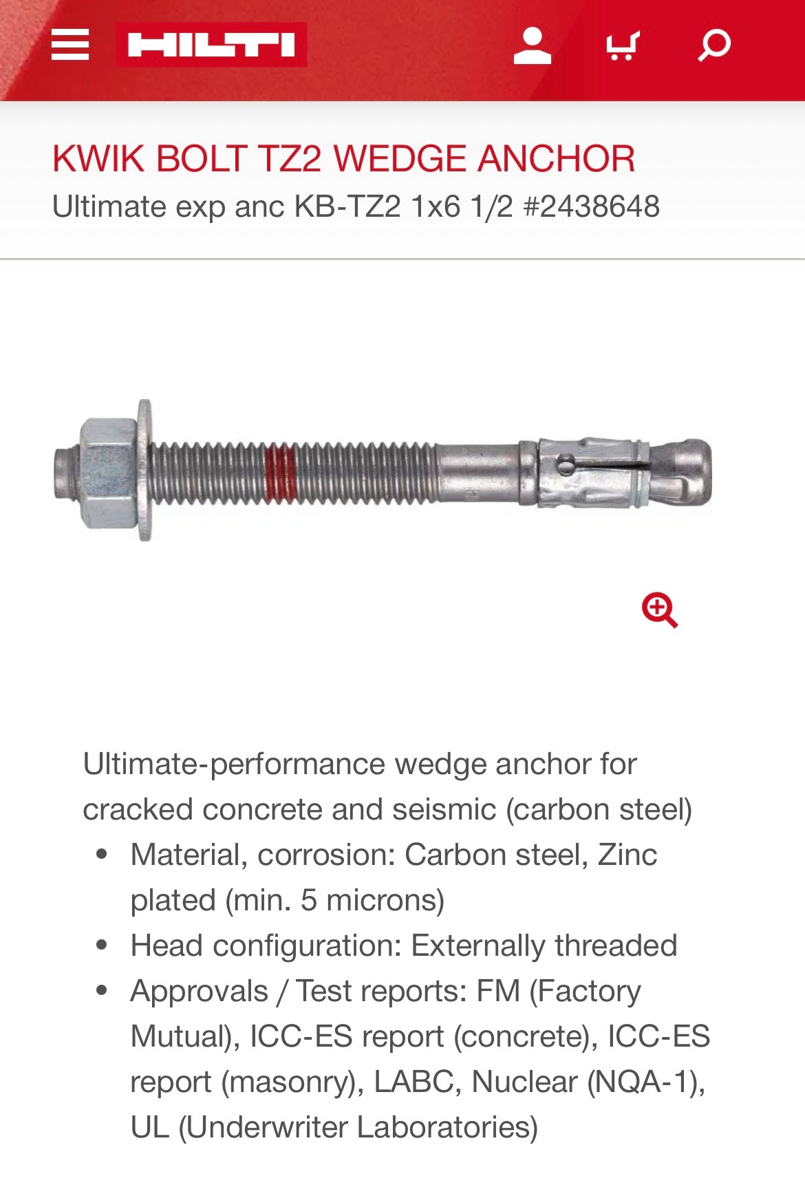 Hilti Kwik-Bolt (1” x 6”, 5-piece set)