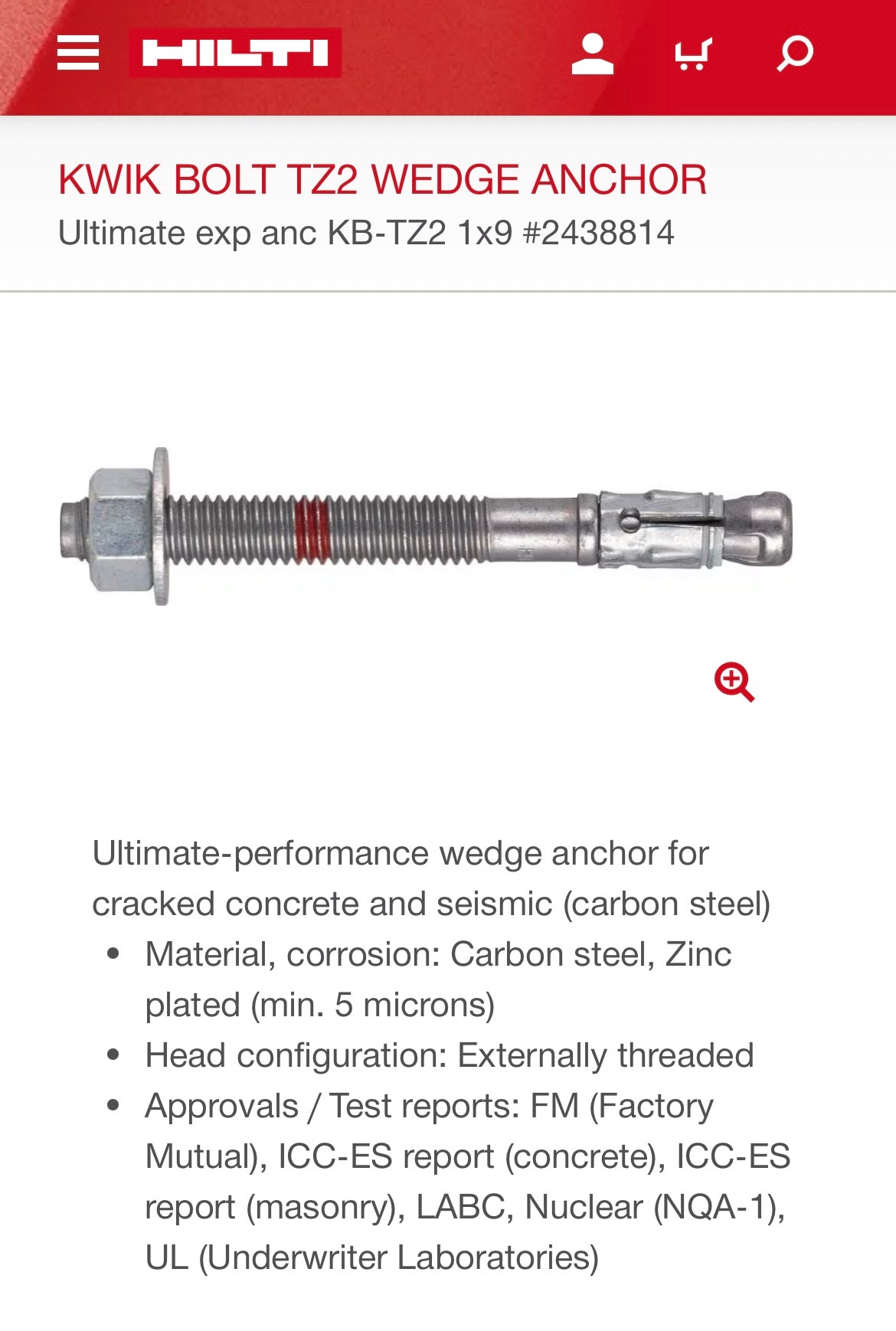 Hilti Kwik-Bolt (1” x 9”, 5-piece set)
