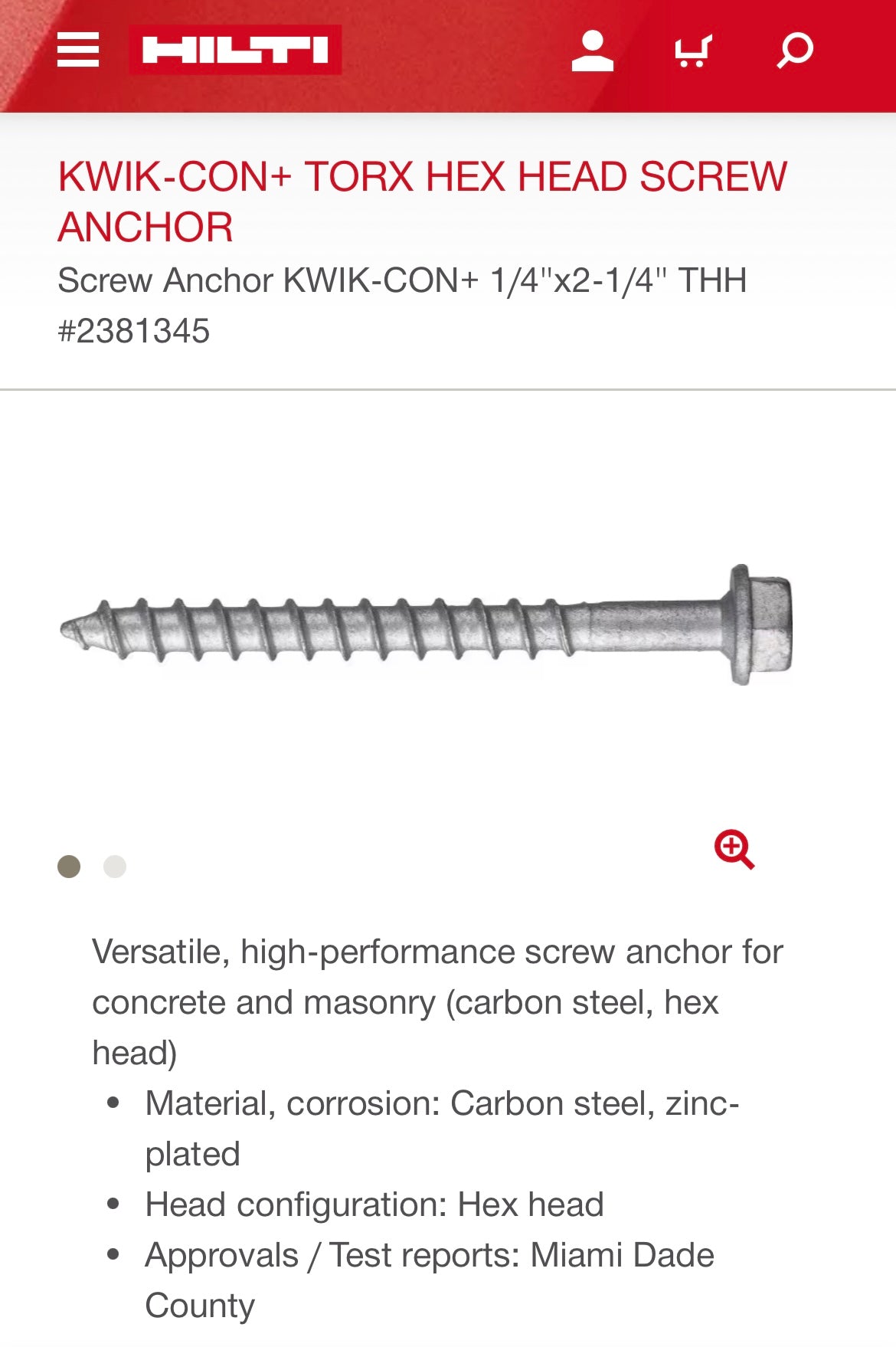 Hilti KWIK-Con Masonry Screw Anchors (1/4” x 1-1/4”, 100-piece box)