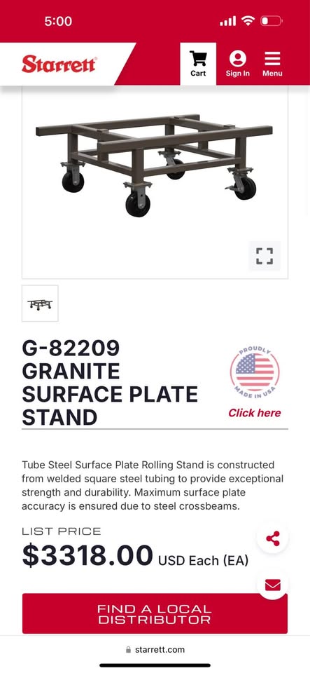 Starrett Granite Surface Plate 48” x 72” x 10” Precision Work Bench for Shop Use