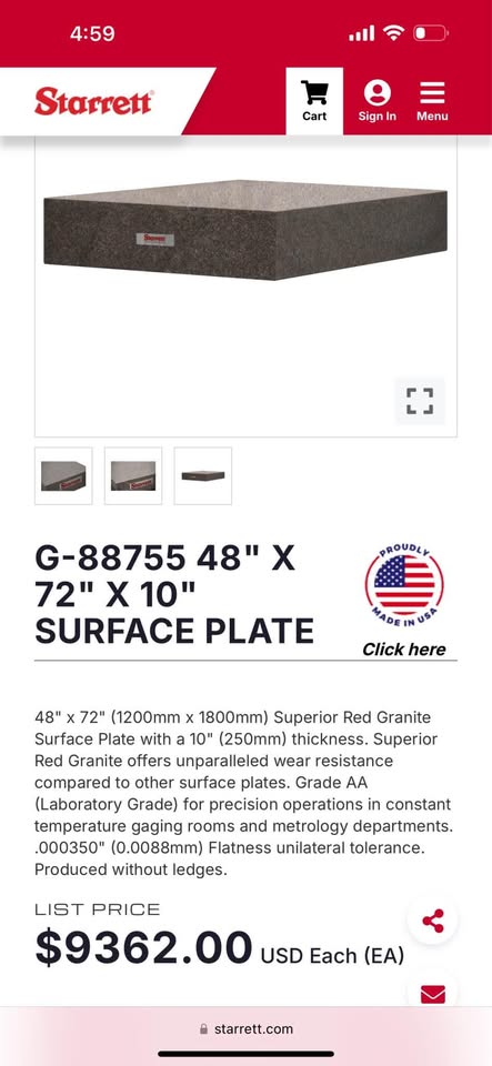 Starrett Granite Surface Plate 48” x 72” x 10” Precision Work Bench for Shop Use