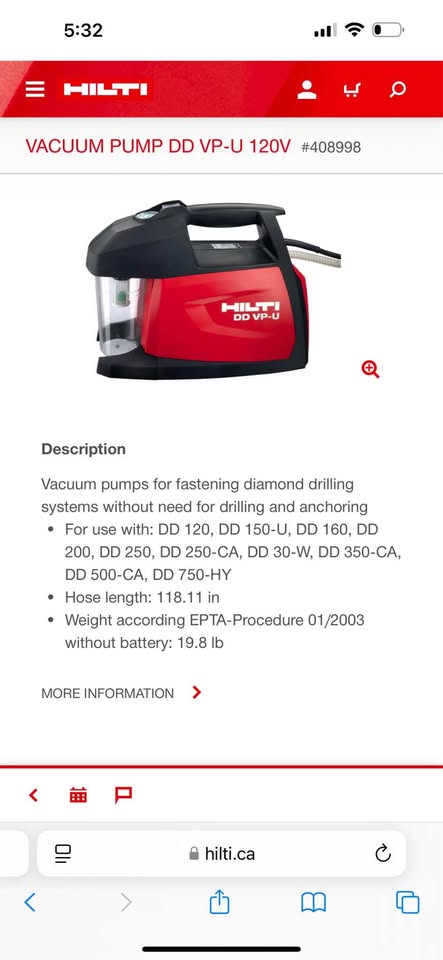 Hilti DD VP-U Vacuum Pump for Concrete Drilling Systems