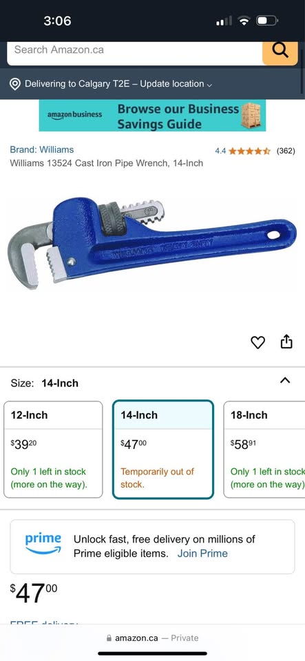 Williams 14" Cast Iron Pipe Wrench Model 13524