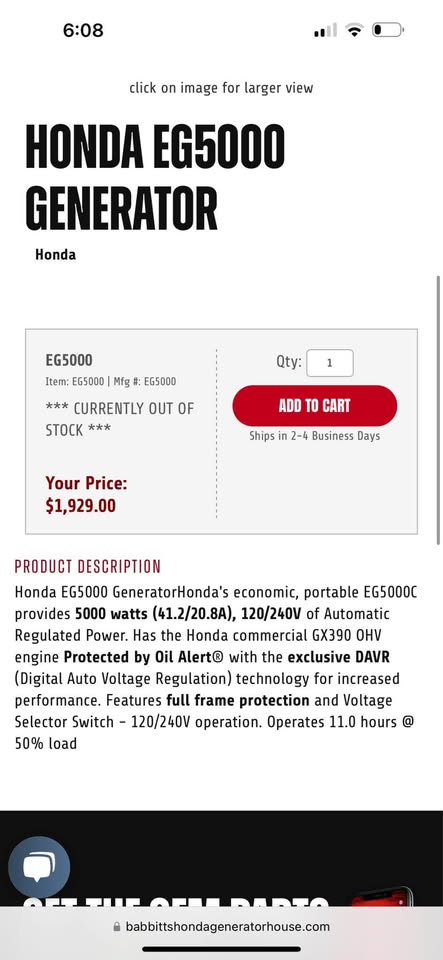 Honda EG5000CL Gas Generator 4,500 Watts
