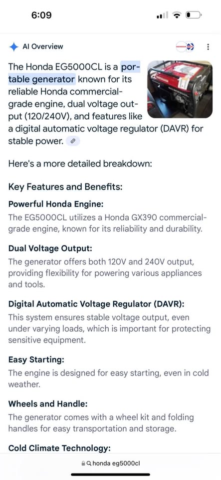 Honda EG5000CL Gas Generator 4,500 Watts