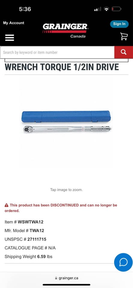 Westward 1/2" Drive Torque Wrench TW-12 with Case