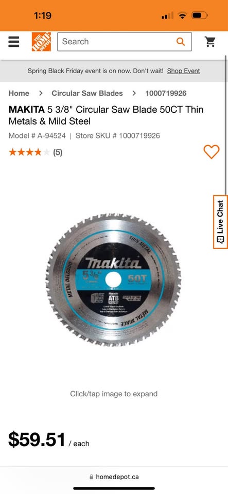 Makita 5-3/8" 50T Carbide-Tipped Saw Blade Ferrous Metal Thin Gauge