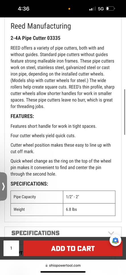 Reed 2-4A Pipe Cutter (1/2” - 2”)