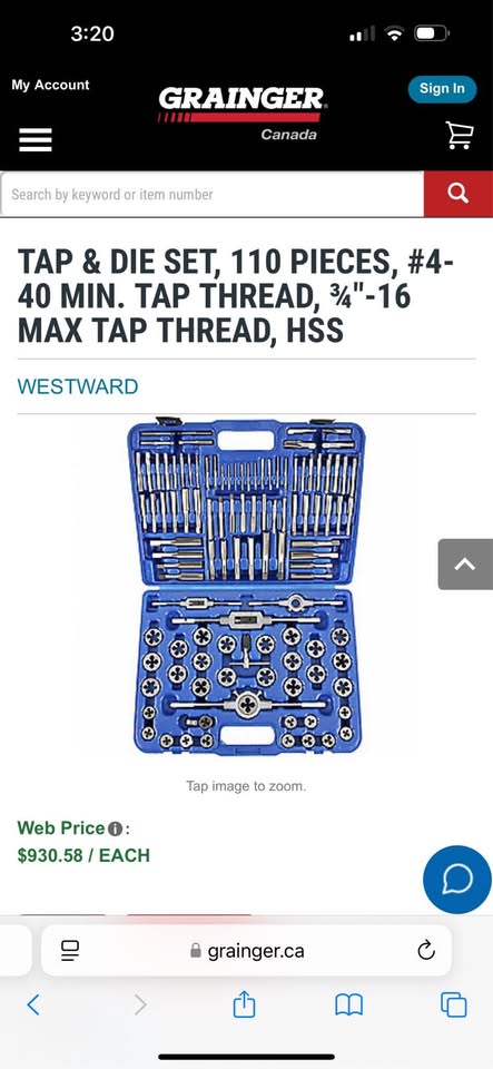 Westward 110 Piece Alloy Steel Tap and Die Set