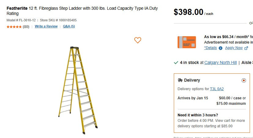 Featherlite 12 foot Fiberglass Step Ladder w/ 300 lbs. Load Capacity