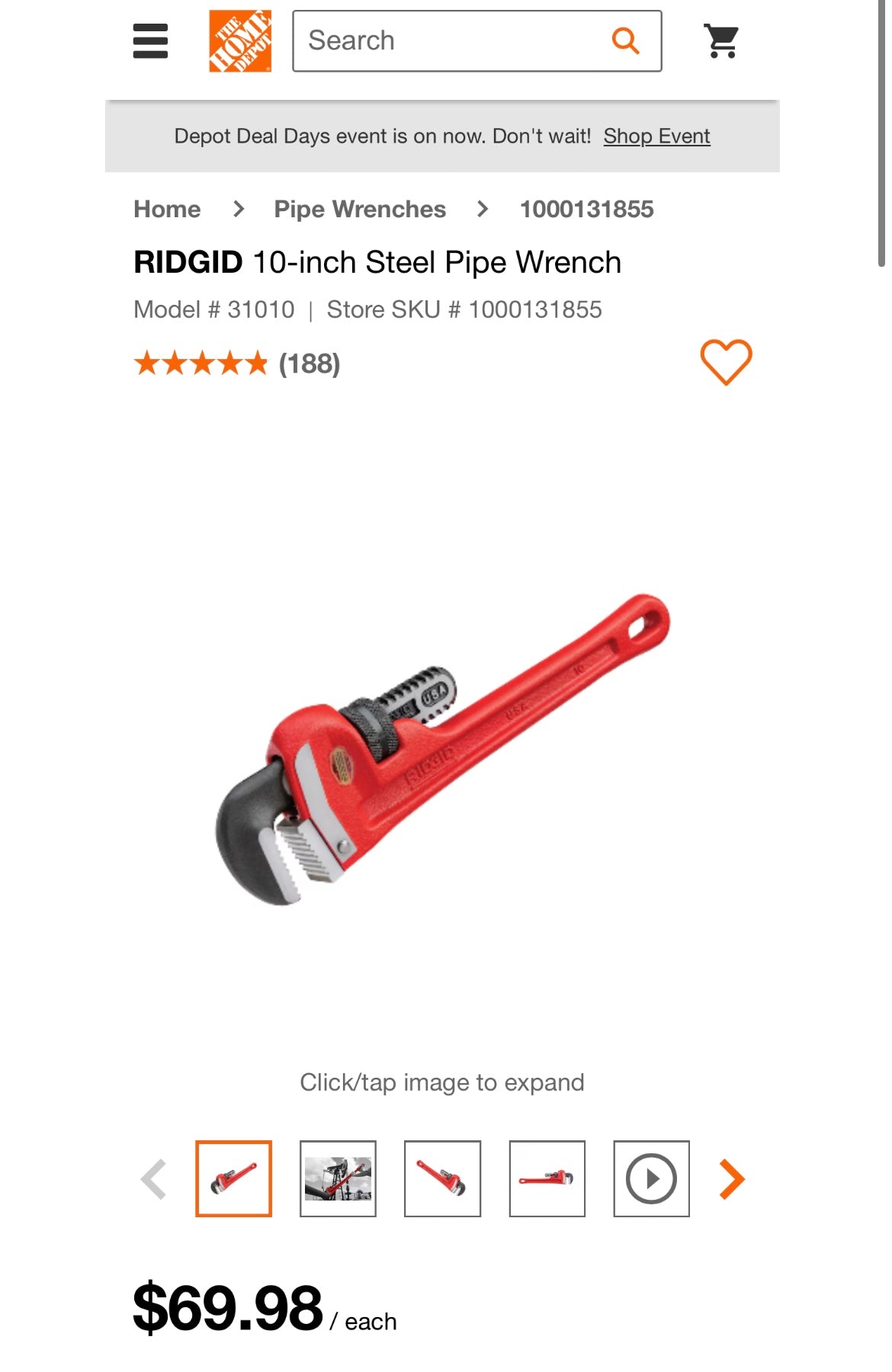 RIDGID 10” Heavy-Duty Steel Straight Pipe Wrench