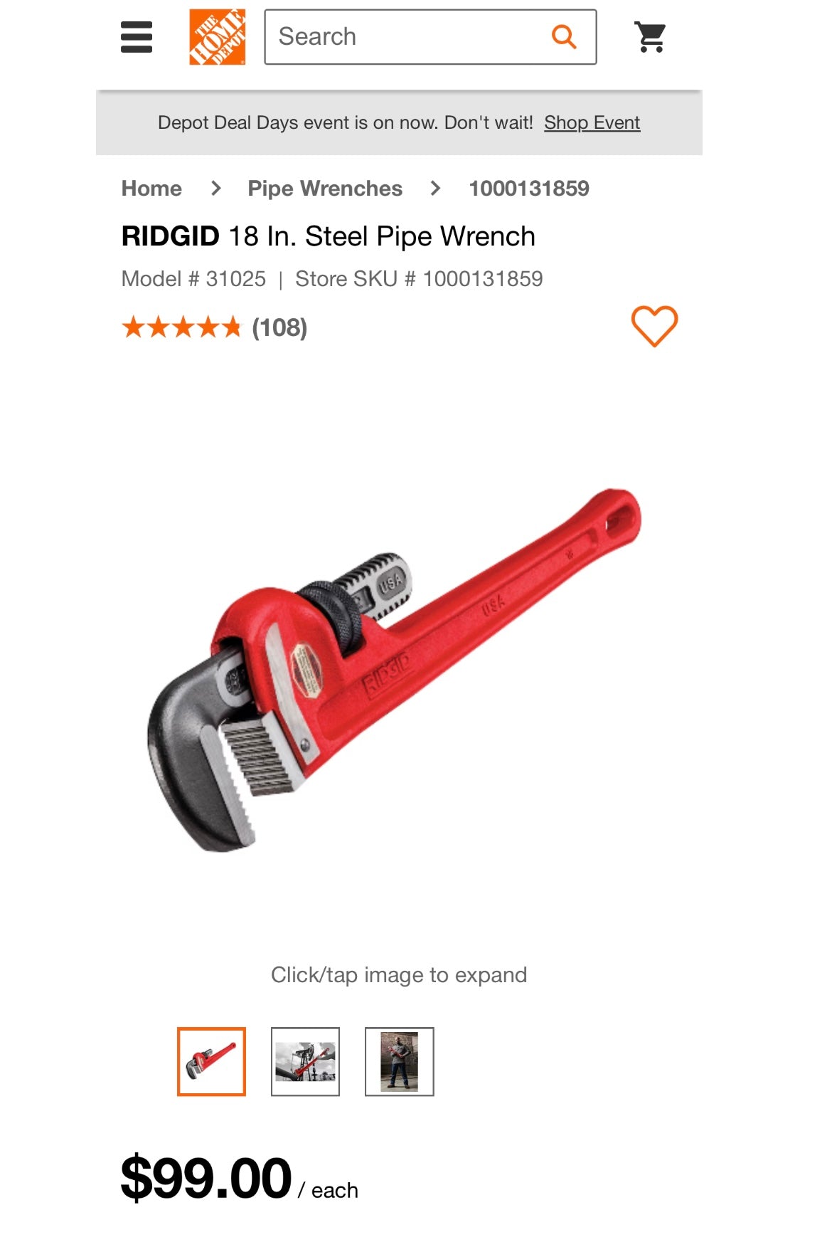 RIDGID 18” Heavy-Duty Steel Straight Pipe Wrench