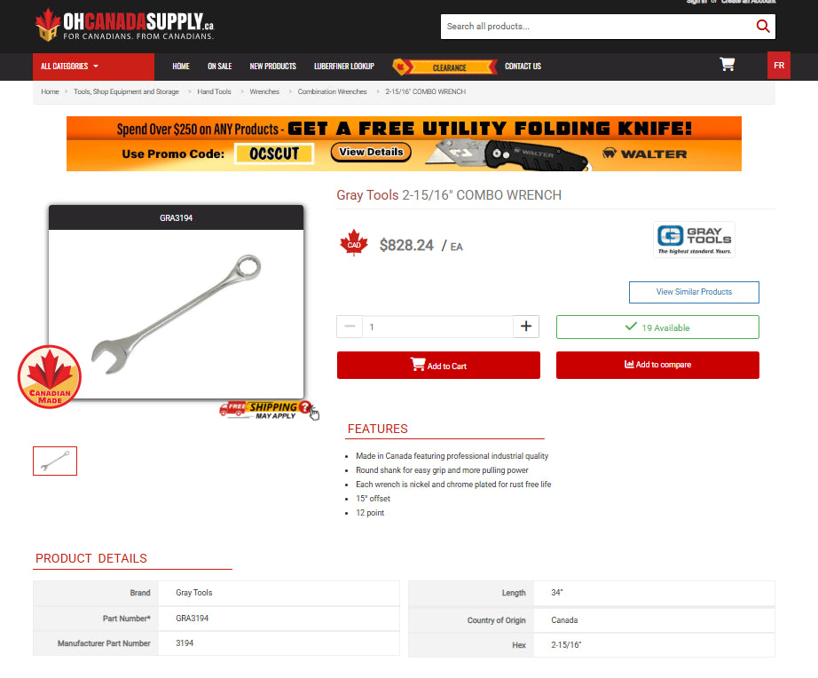 Gray Canada 2-15/16” Combination Wrench (Model 3194B)
