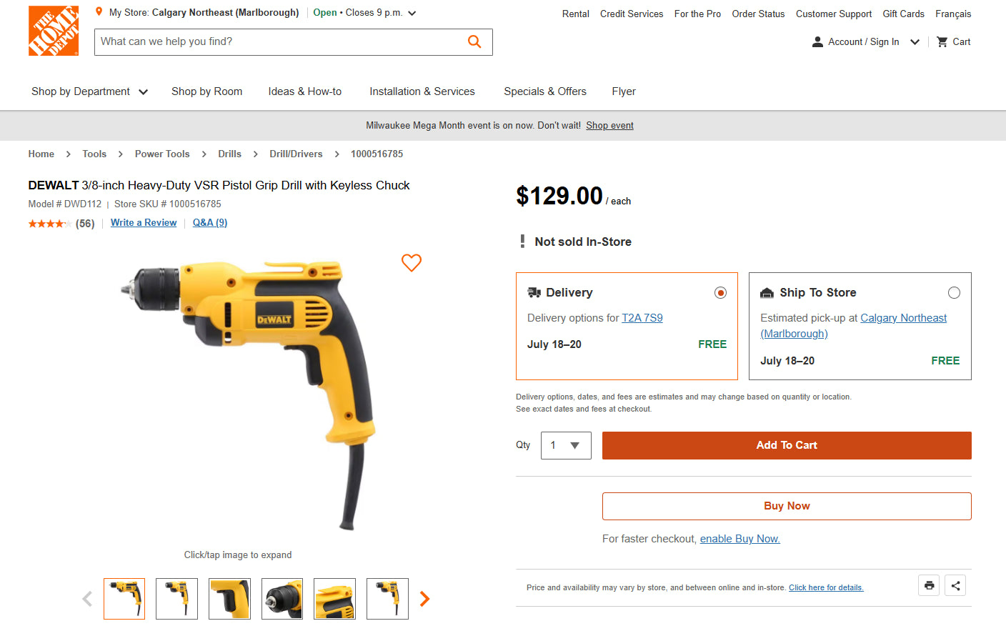 DEWALT DW106 3/8” (10mm) 5.4-Amp Corded Variable Speed Reversing (VSR) Pistol Grip Drill