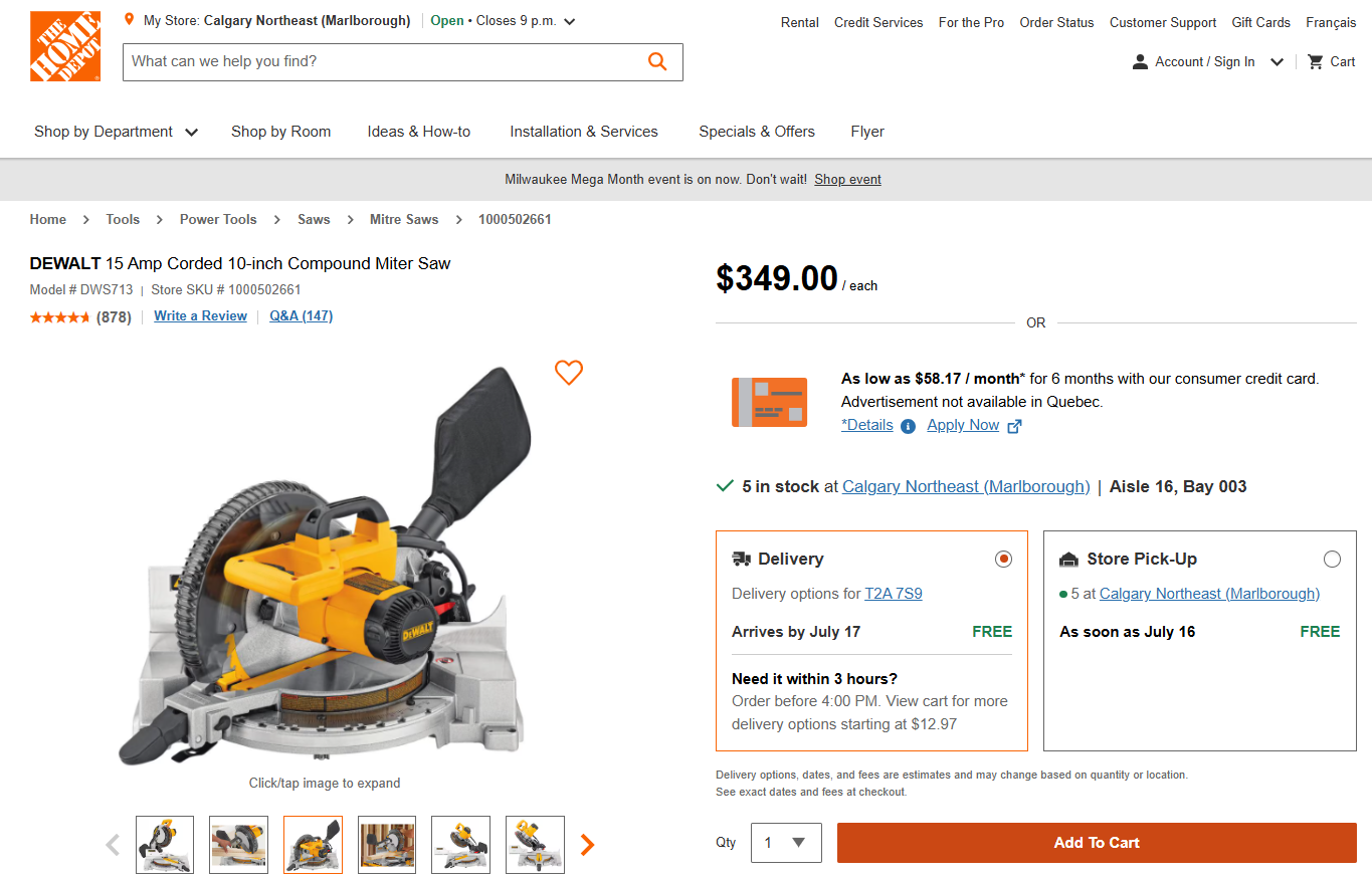 DEWALT DW703 10” Compound Miter Saw (120V Corded 15-Amp) – COMES WITH 3 BLADES