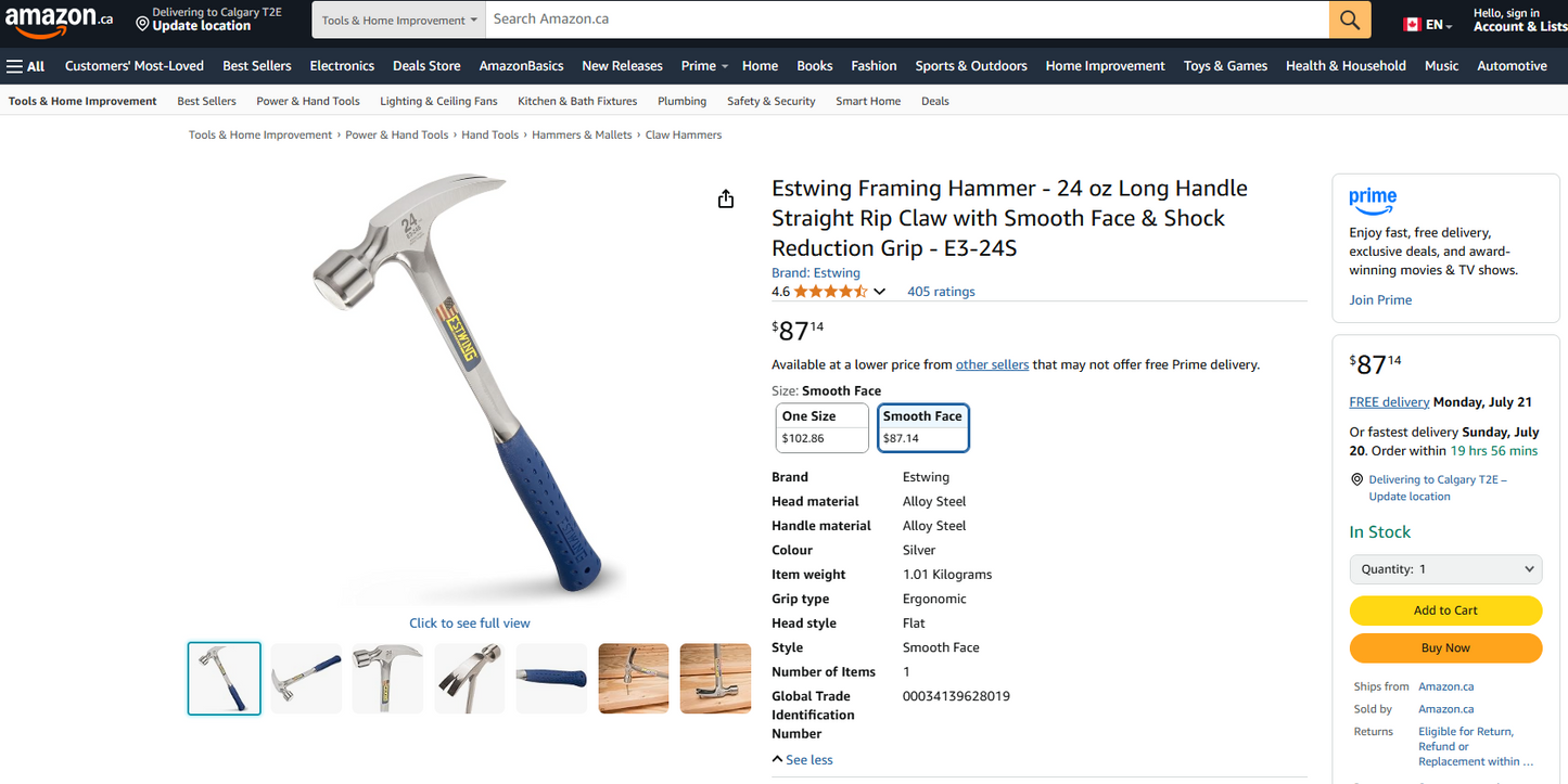 Estwing 24oz Smooth-Faced Framing Hammer (Long Handle, Straight Rip Claw, Shock Reduction Grip) – Model E3-24S