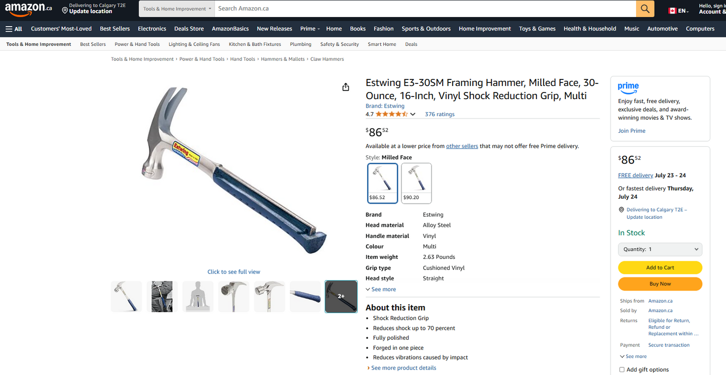 Estwing 30oz Milled Face Framing Hammer (16” Total Length, Vinyl Shock Reduction Grip) – Model E3-30SM