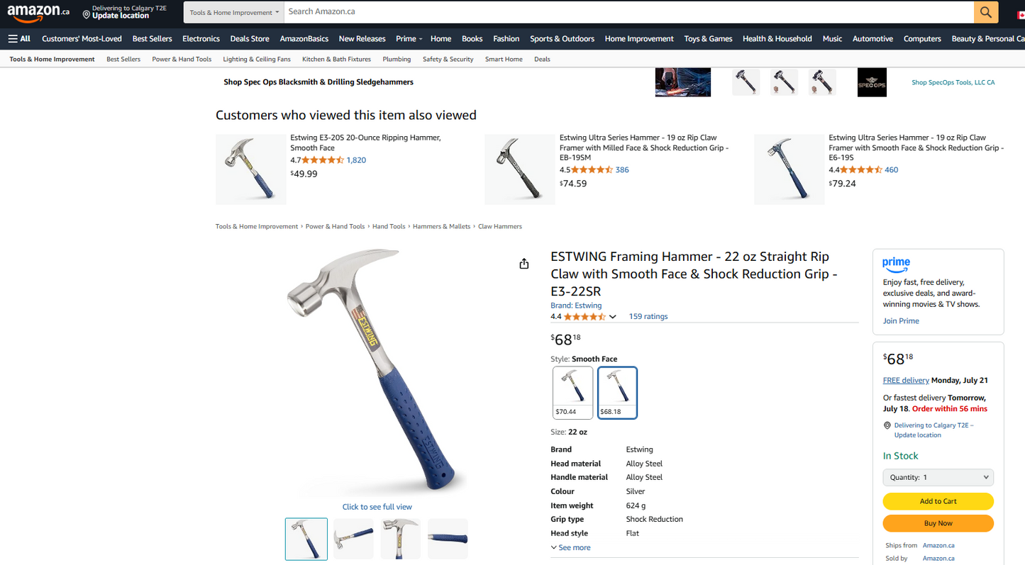 Estwing 22oz Smooth-Faced Framing Hammer (Long Handle, Straight Rip Claw, Shock Reduction Grip) – Model E3-22SR