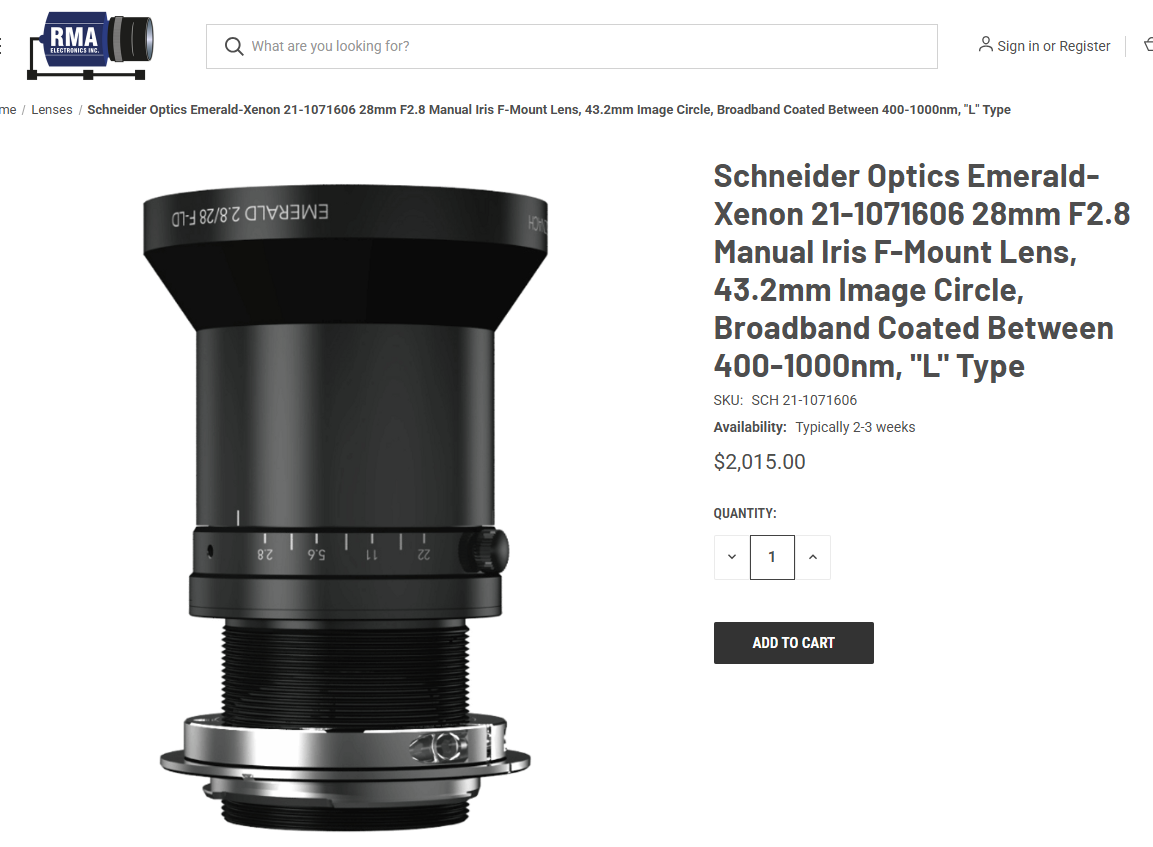 Schneider-Kreuznach Xenon-Emerald F2.8/28mm Manual Iris F-Mount Lens (“L” Type, Model 21-1071606) – 2 AVAILABLE, BRAND NEW