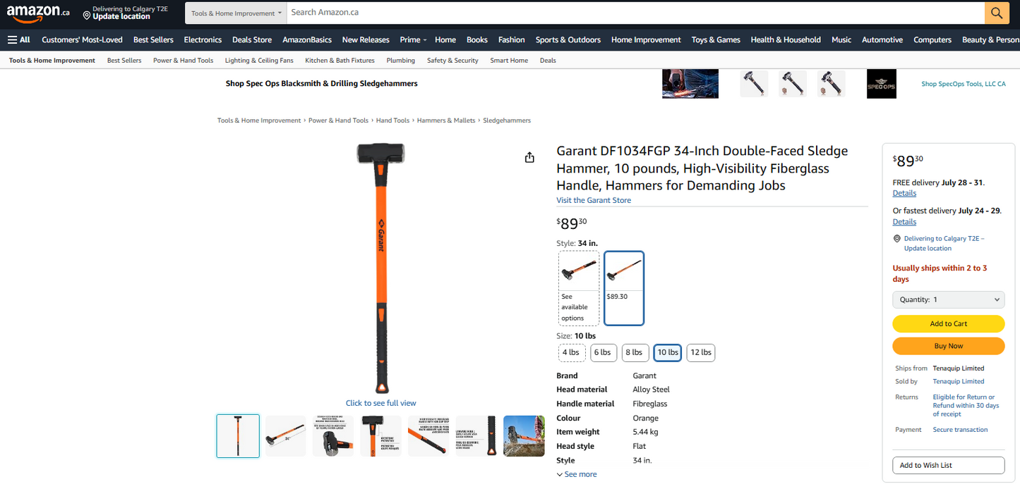 Garant 10 lb Double-Faced Sledgehammer with High-Visibility Fibreglass Handle – 35” Total Length