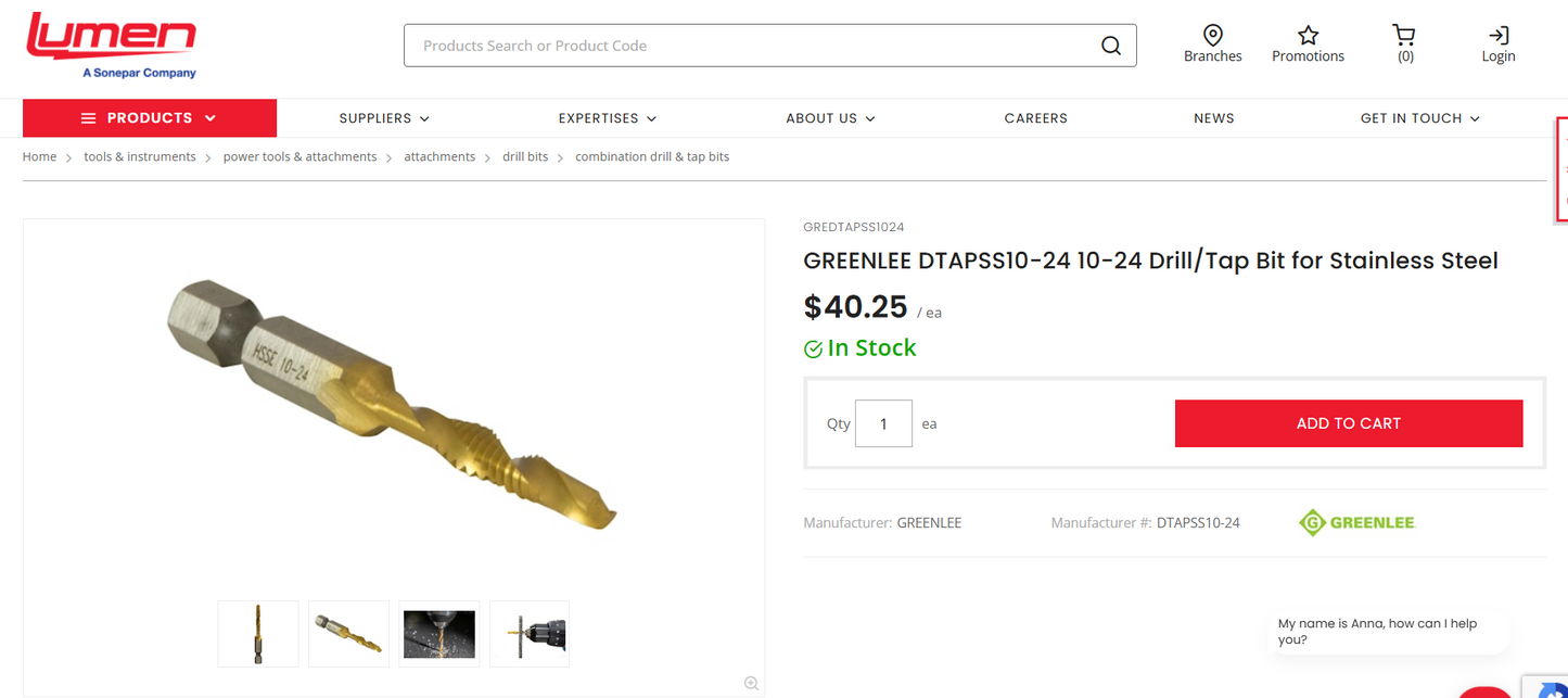 Greenlee DTAPSS10-24 Drill/Tap Bit for up to 1/4” Stainless Steel (10-24 NC) – BRAND NEW