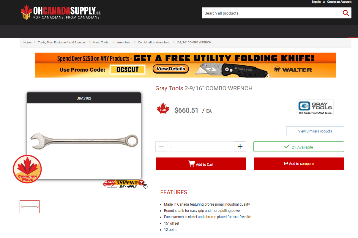 Gray Canada 2-9/16” Combination Wrench (Model 3182) - LONGER