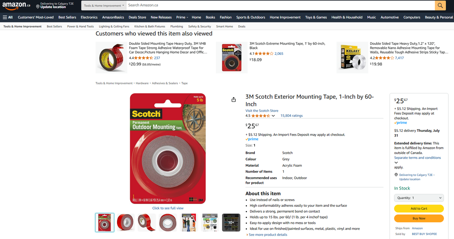 Scotch Permanent Outdoor Mounting Tape (4011C, 1” x 60”) – 2 AVAILABLE, BRAND NEW