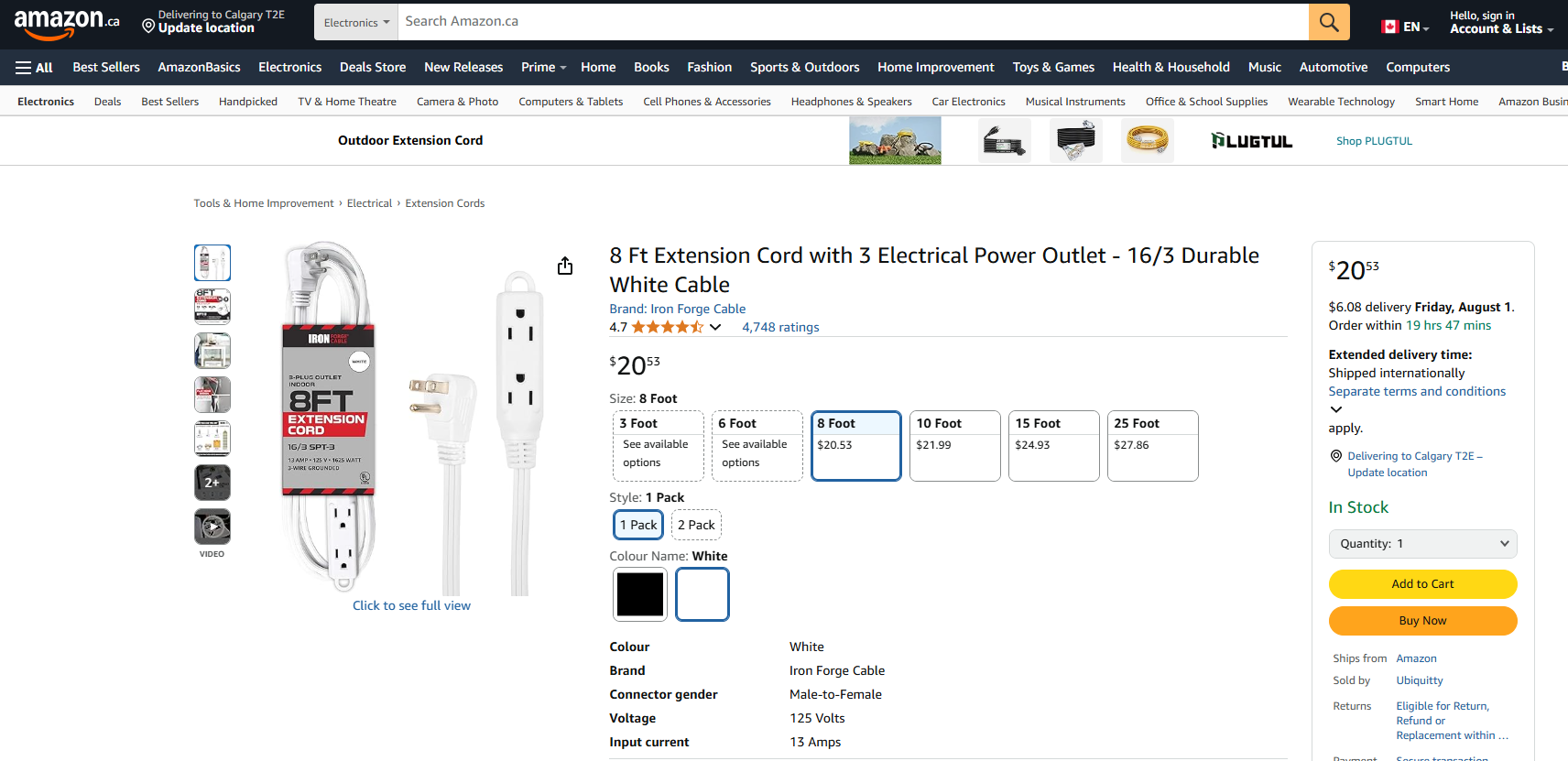 8-Foot Triple Outlet Extension Cord (3-Prong, 16 AWG)