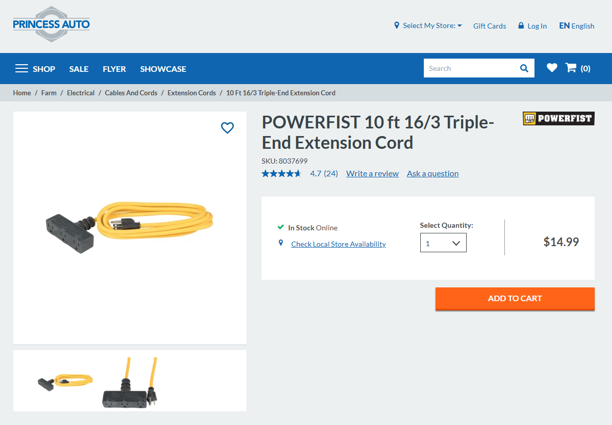 POWERFIST 10-Foot (3m) Triple Outlet Outdoor Extension Cord (3-Prong, 16 AWG)