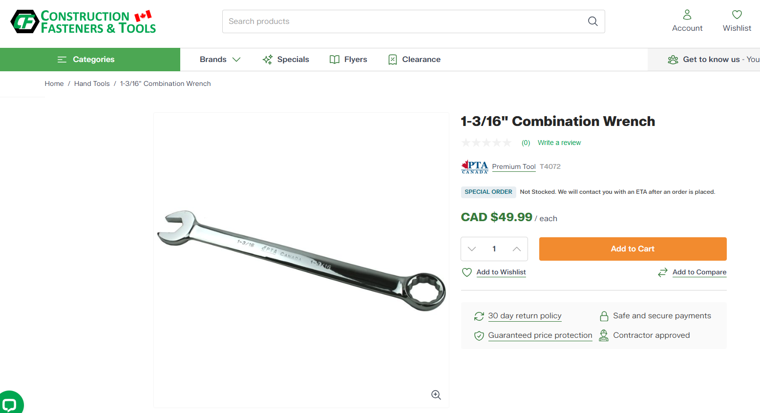 PTA Canada 1-3/16” Combination Wrench (Model T4072)