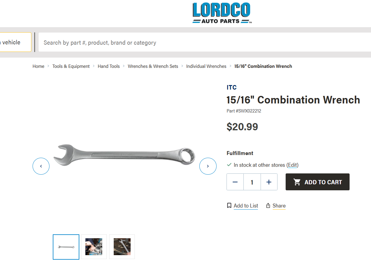 ITC 15/16” Raised Panel Combination Wrench (Chrome Vanadium Steel, Satin Finish)