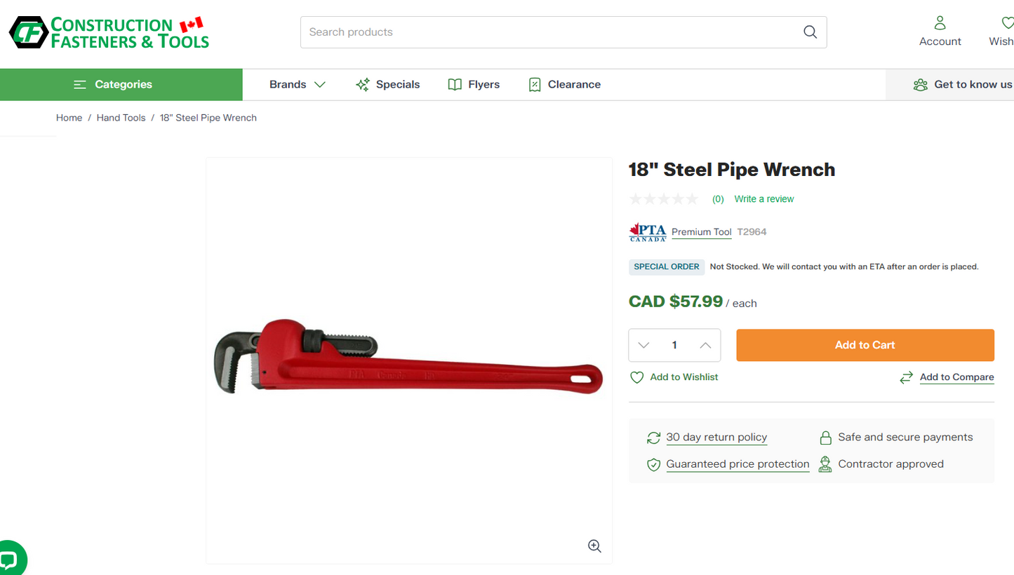 PTA Canada 18” Heavy-Duty Steel Pipe Wrench