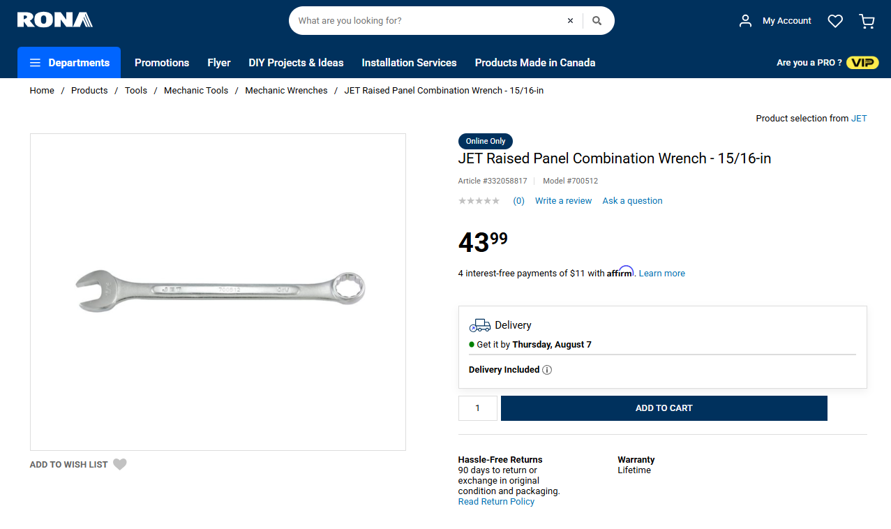 JET 15/16” Raised Panel Combination Wrench (Chrome Vanadium Steel, Model 700512)