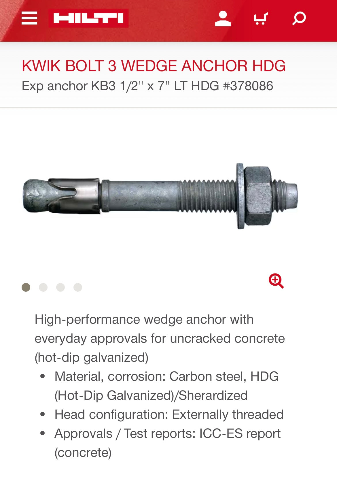 Hilti Kwik-Bolt 3 Wedge Anchors HDG (1/2” x 7”, 25-piece set)