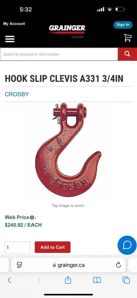 Crosby Hook Slip Clevis 3/4” Heavy Duty Rigging / Lifting / Crane Hook