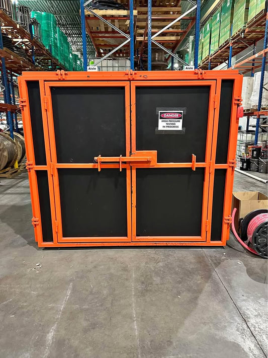 Custom 100” x 64” x 86” High-Pressure Blast Chamber with Haskel ASF-150 Pump, 20,000 PSI
