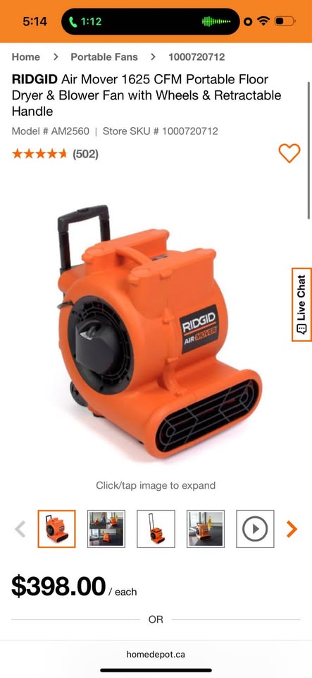 RIDGID Air Mover 1600 CFM Portable Floor Dryer & Blower Fan with Wheels