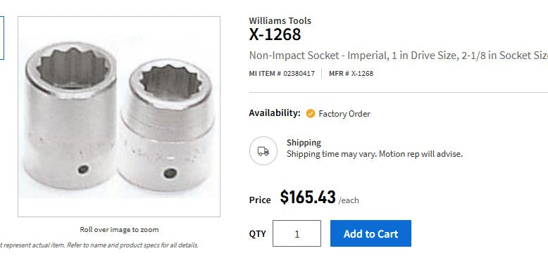 Williams X-1268 Shallow 12 Point Socket, 2 1/8” - 4 AVAILABLE - 1” DRIVE