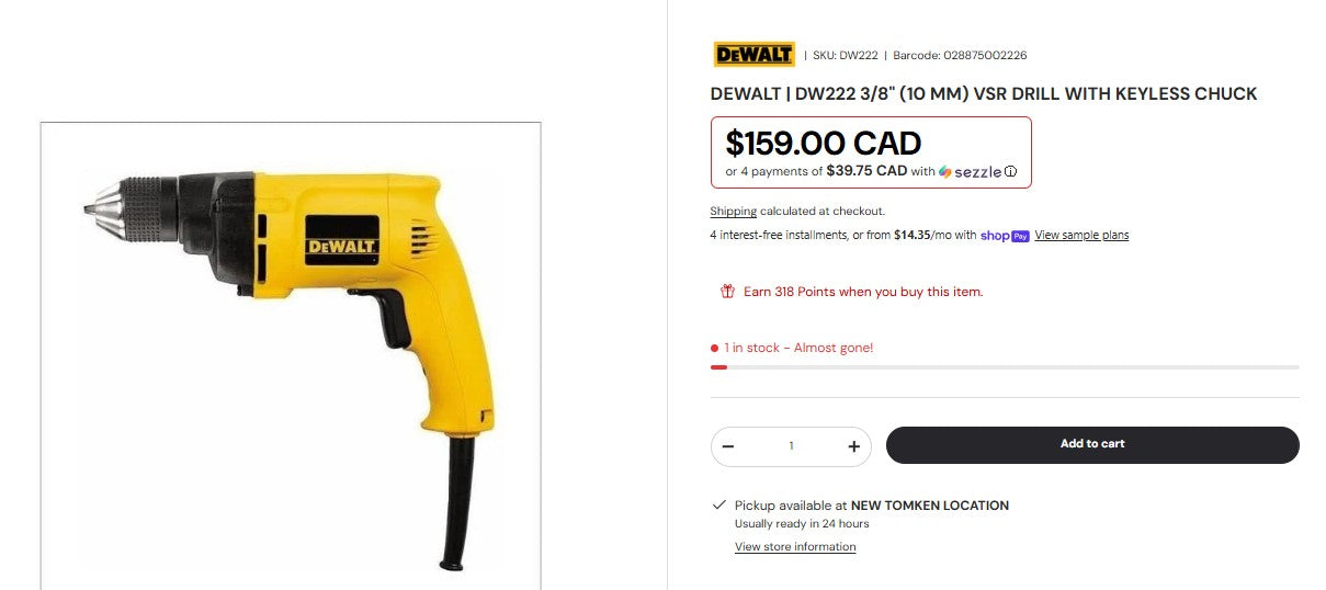 DEWALT DW222 3/8" 6.7A VSR Corded Drill w/ Keyless Chuck