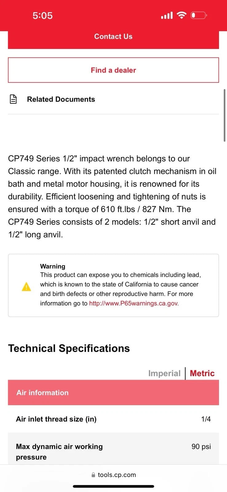 Chicago Pneumatic CP749 1/2” Impact Air Wrench with 50ft Hose