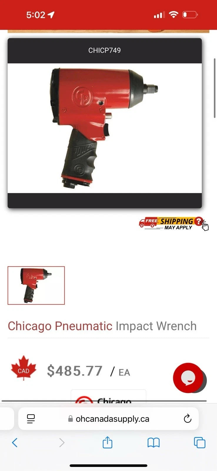Chicago Pneumatic CP749 1/2” Impact Air Wrench with 50ft Hose