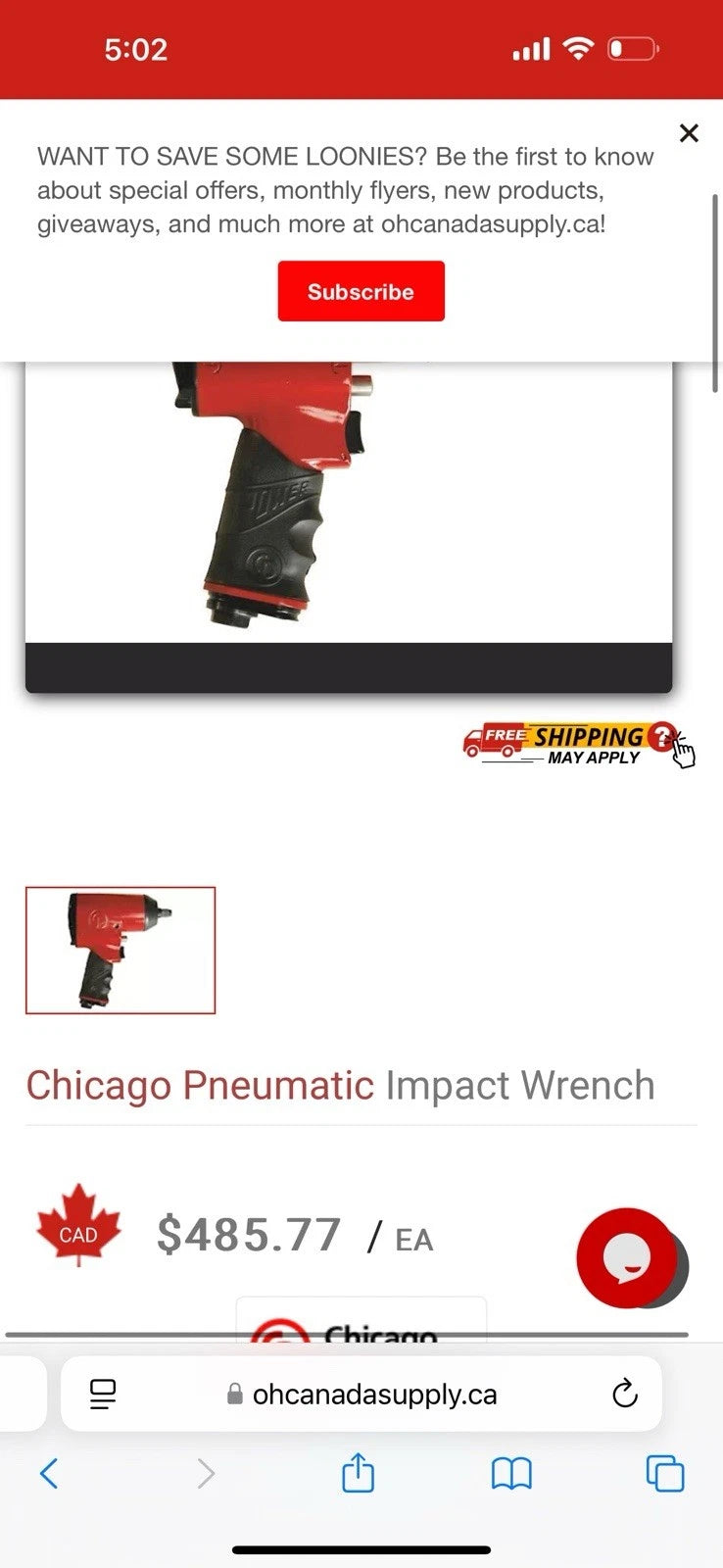 Chicago Pneumatic CP749 1/2” Impact Air Wrench with 50ft Hose